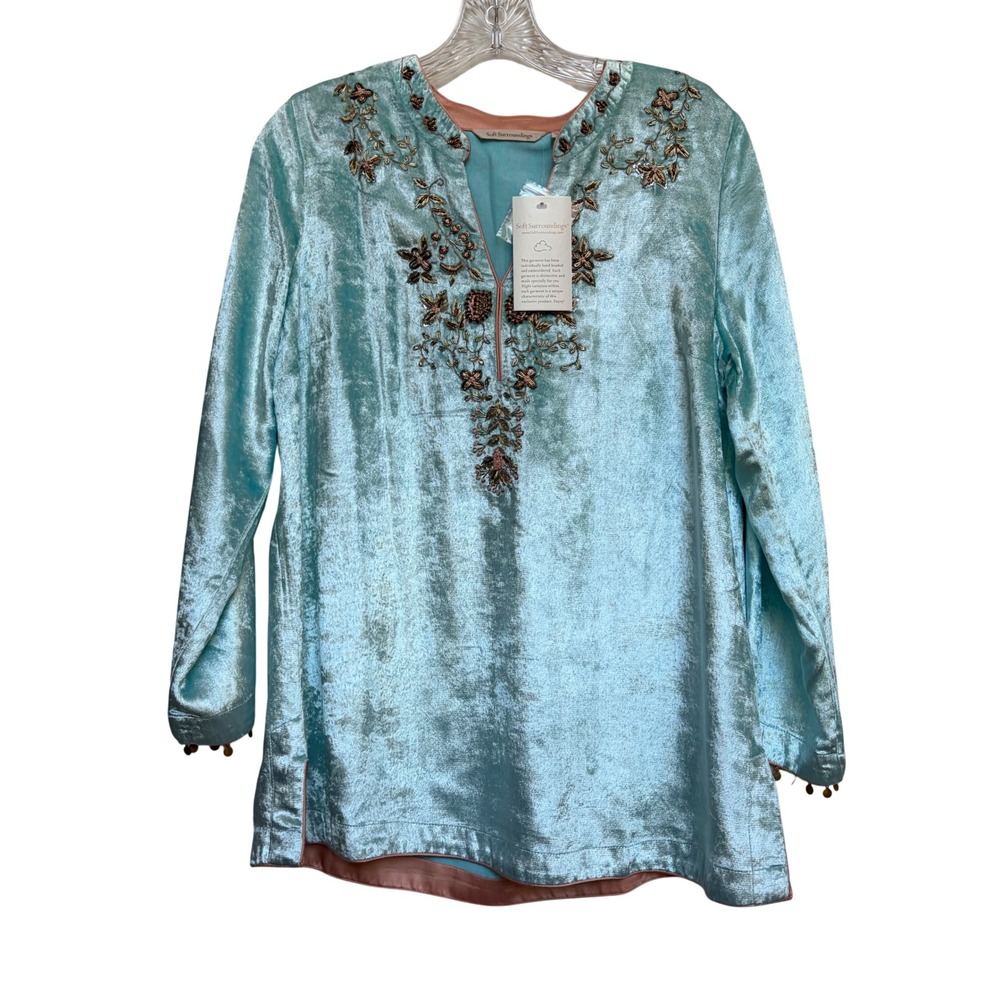 Soft Surroundings Aqua Blue Velvet Beaded Tunic Top Petite Medium PM NEW Boho